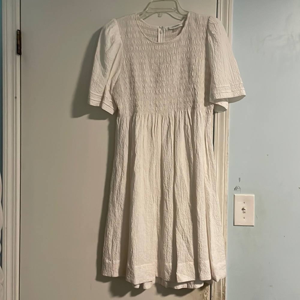 Calvin Klein 12 White Smocked Short Sleeve Midi Dress NWOT